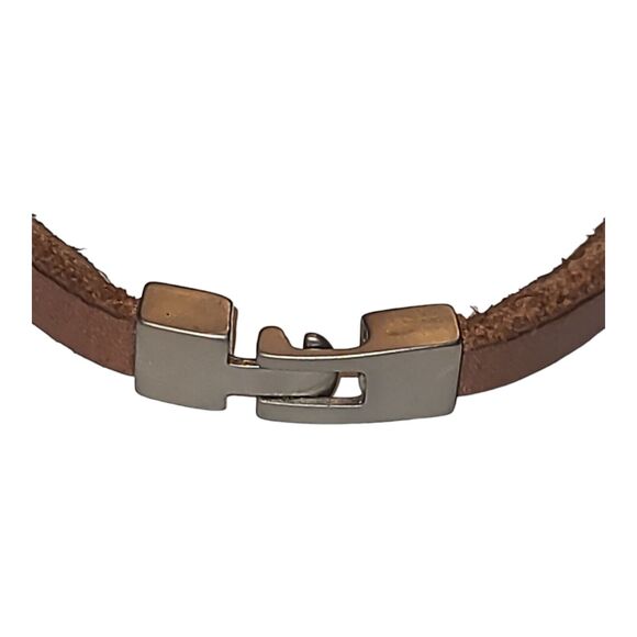 Brown/Tan Leather Bracelet Stainless Steel Clasp Lion Head Profile Signature 8" - Picture 7 of 9
